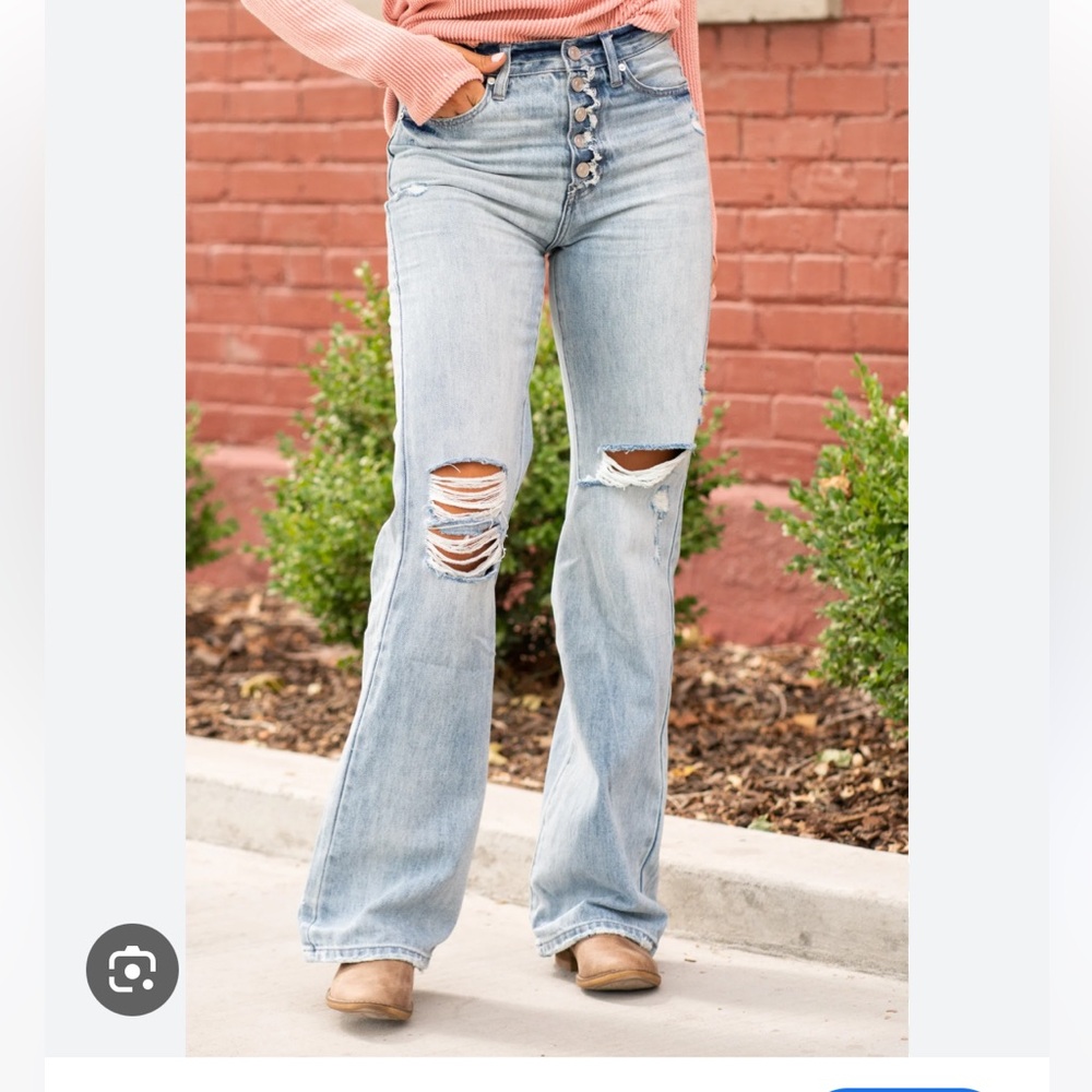 Kancan jeans womens blue distressed high waisted denim button fly jeans size 29 - Picture 2 of 9